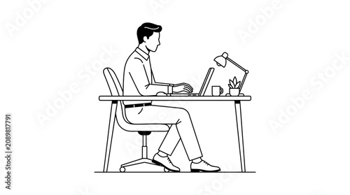 Foto An office worker sitting at a desk typing on a laptop computer with a lamp and chair