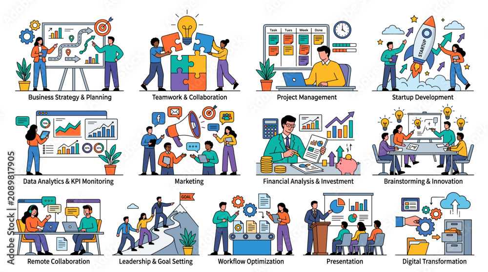 Fototapeta premium Teamwork. Vector illustrations for a team of people in various business activities, management, communication and project development from startup to launch.