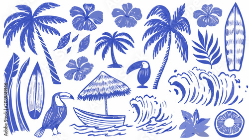 Tableau sur toile Tropical Elements Collection A Blue Sketch Illustration With Palm Leaves Toucans