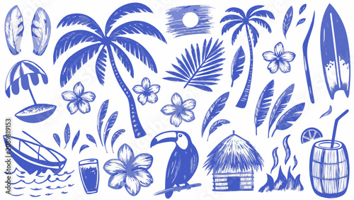 Tropical Floral And Palm Leaf Illustration In Blue Sketch Style With Beach Elements leaves fronds ornament hibiscus flower