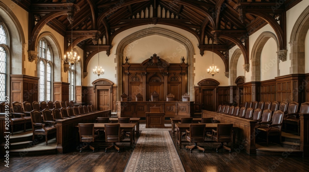 Fototapeta premium Solemn Courtroom, Wooden Structure, Historical Feel
