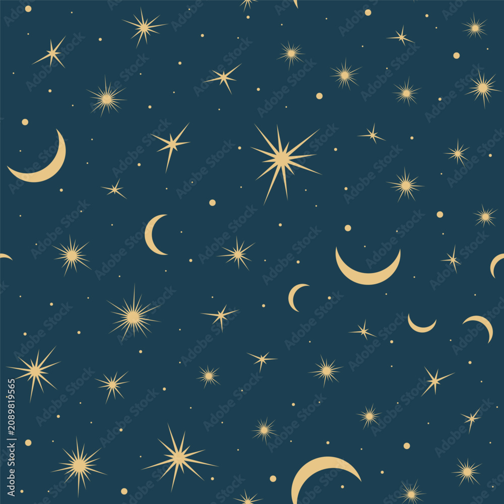 Naklejka premium Seamless Vector Celestial Pattern with Moon, Stars and Cosmic Elements