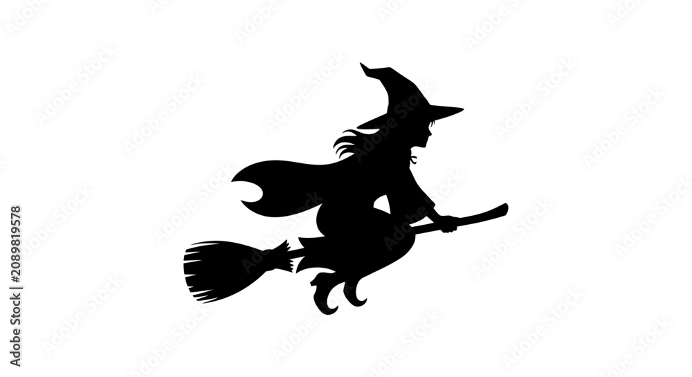 Fototapeta premium Silhouette of a Witch Flying on a Broomstick.