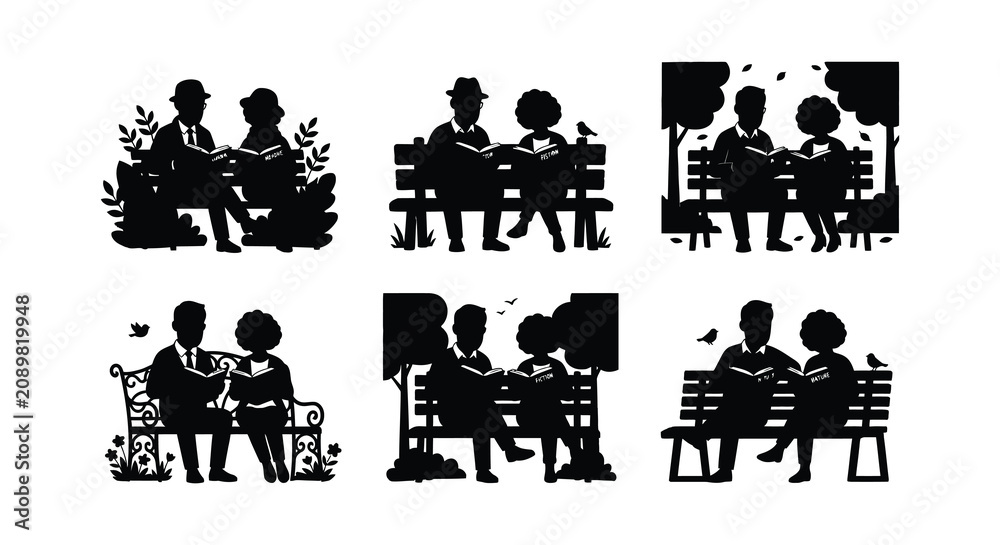 Obraz premium Silhouettes Of Couples Reading Vector Illustration With White Background