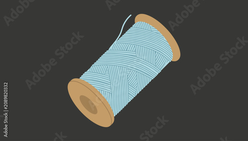 Spool of light blue thread on wooden spool yarn vector illustration isolated on light black. background.