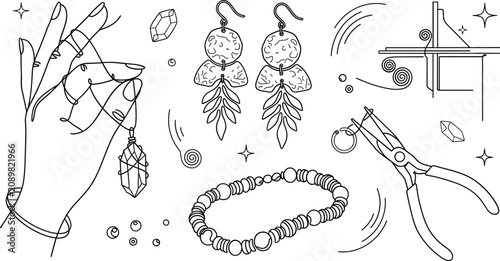 Quadro su tela Jewelry making vector elements set featuring line art of handmade crystal pendan