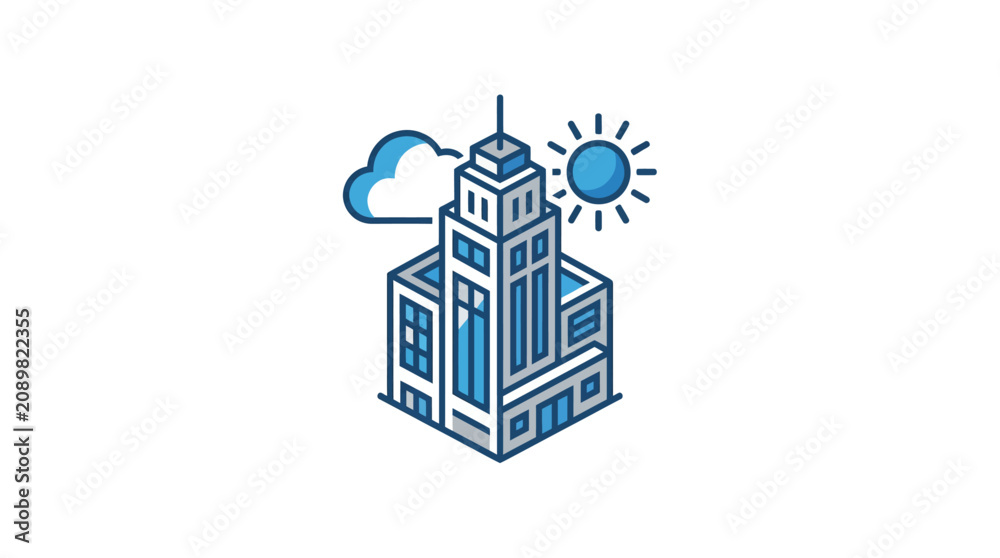 Fototapeta premium A blue isometric illustration of a building with a cloud and sun
