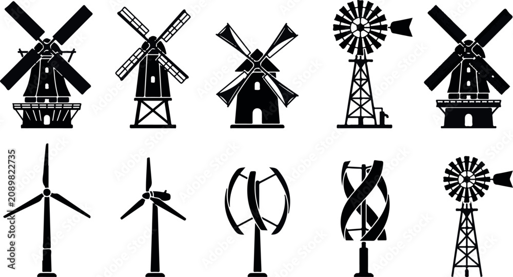 Fototapeta premium Windmill silhouette collection various types and designs on white background