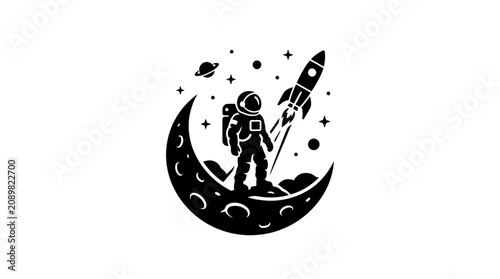 Bild auf Leinwand Astronaut standing on crescent moon with rocket launching into starry night sky