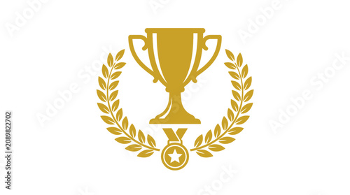 Bild auf Leinwand A gold trophy with a laurel wreath and medal on a white background symbolizes vi