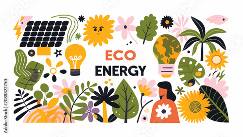 Schilderij op canvas Floral ornament and renewable energy elements a colorful vector illustration on
