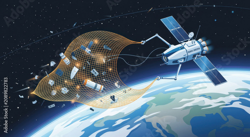 Space debris removal, satellite, earth, orbit, net, debris