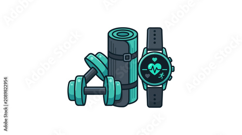 Cuadro en lienzo A fitness tracker, dumbbell, and yoga mat are arranged together for a healthy lifestyle