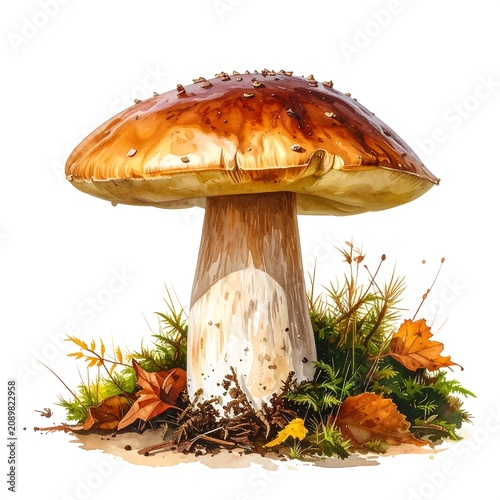 Autumn forest scene with glowing mushroom and leaves.