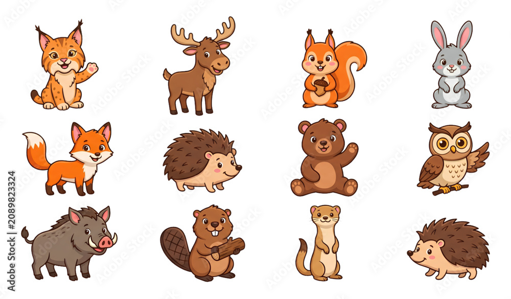 Fototapeta premium Wild Forest Animals Cartoon Vector Collection with Cute Woodland Wildlife Characters Isolated on White Background