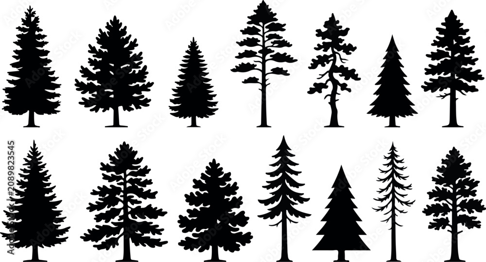 Obraz premium Collection of various pine tree silhouettes on white background