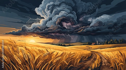 Dramatic storm clouds over golden field