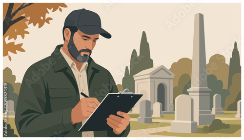 Картината върху платно Man in cemetery with clipboard.