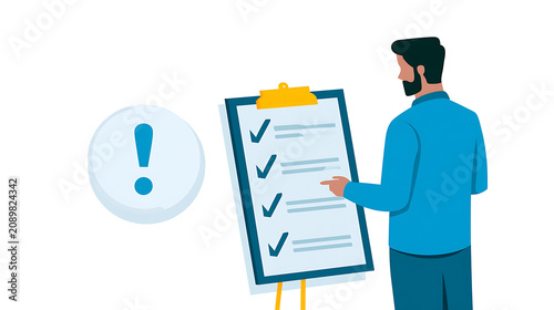 Illustration of a person checking a large to-do list on a clipboard with an exclamation mark icon, symbolizing task completion and important reminders