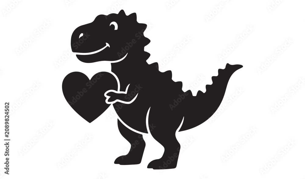 Fototapeta premium Cute Baby Dinosaur Holding Heart Silhouette Vector Illustration