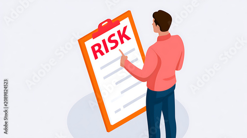 Man evaluate risk on a document, illustrating careful decision making, problem solving, analysis, and strategic planning in business or finance context
