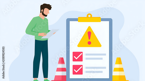 Man Review Checklist with Warning Sign and Safety Cones, Attention to Detail for Project Management and Task Verification