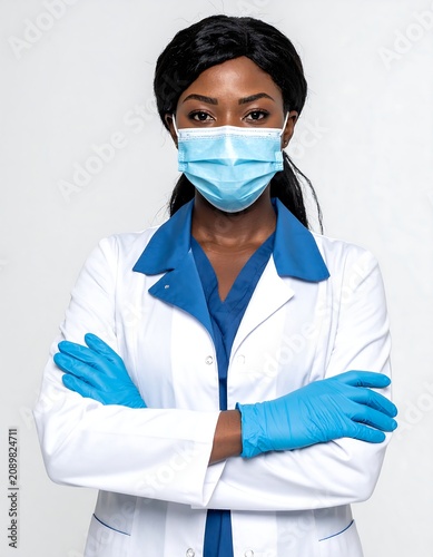 African American female doctor wearing protective face mask.