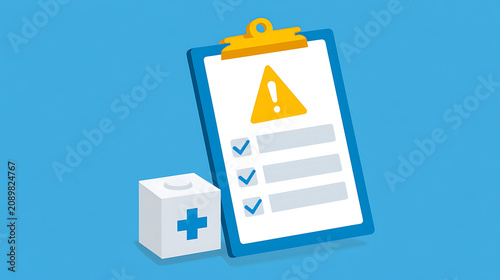 Medical Clipboard with Warning and Checkmarks Next to a First Aid Kit Illustrating Health and Safety Compliance in a Healthcare Concept