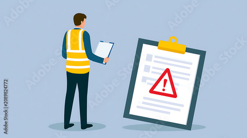 Safety Inspector Reviews Important Document with Warning Sign on Clipboard, Illustrating Risk Assessment and Quality Control Procedures