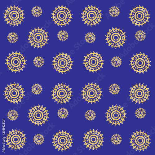 Seamless golden sun ornament pattern on bright blue background