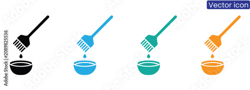 Obraz na plátne Four colored basting brushes pouring liquid into bowls on white background