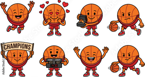 Tableau sur toile Cartoon basketball characters set, funny animated sports balls with expressions, champions holding banner, scoreboard, dribbling, proposing with ring, isolated vector sticker pack collection