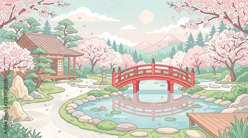 Tranquil garden cherry blossom spring