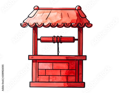 A vibrant red wooden well structure with a sloping roof