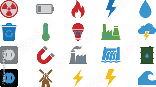 Collection of industrial energy icons, a set of power symbols including electricity, battery, nuclear, green environment, factory, renewable resources, and sustainable utilities