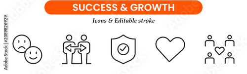 Growth and success editable stroke line vector web icon set. Business strategy success goals thin linear Icons collection. Growth curves and diagrams graph. Vector illustration 