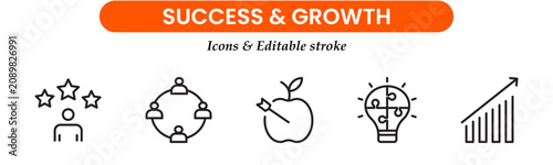 Growth and success editable stroke line vector web icon set. Business strategy success goals thin linear Icons collection. Growth curves and diagrams graph. Vector illustration 