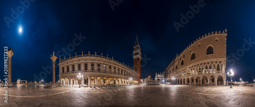 Night Panorama of Piazza San Marco with Doges Palace and St Marks Campanile in Venice, Italy