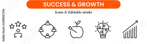 Growth and success editable stroke line vector web icon set. Business strategy success goals thin linear Icons collection. Growth curves and diagrams graph. Vector illustration 