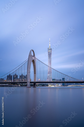 Guangzhou Suspension Bridge and Canton Tower at Dusk