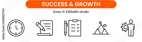 Growth and success editable stroke line vector web icon set. Business strategy success goals thin linear Icons collection. Growth curves and diagrams graph. Vector illustration 
