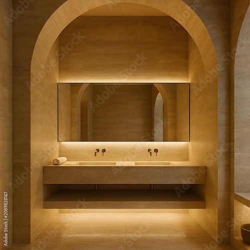 Luxury Modern Bathroom Interior with Travertine Stone Tile Double Sink Vanity and Large Mirror with Hidden Warm LED Backlight Architecture