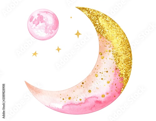 A whimsical illustration of a crescent moon with a pink and gold gradient, adorned with glittering gold specks, accompanied by a smaller pink moon and three gold stars