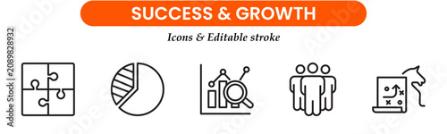 Growth and success editable stroke line vector web icon set. Business strategy success goals thin linear Icons collection. Growth curves and diagrams graph. Vector illustration 