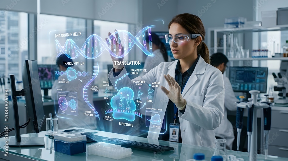 Fototapeta premium Female scientist interacting with holographic DNA model in modern lab