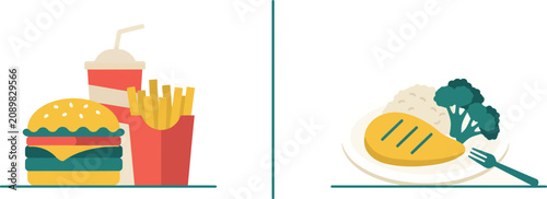Comparison between fast food meal and healthy balanced dinner. Vector illustration
