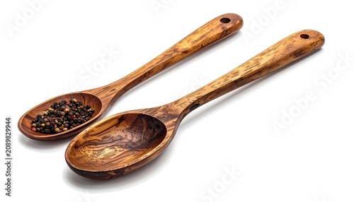 Two wooden spoons on white background with peppercorns in one