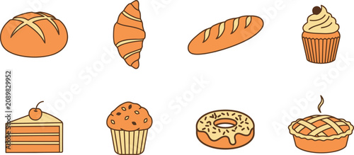 Collection of assorted bakery items bread cakes and pastries vector icons. Vector illustration