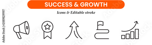 Growth and success editable stroke line vector web icon set. Business strategy success goals thin linear Icons collection. Growth curves and diagrams graph. Vector illustration 