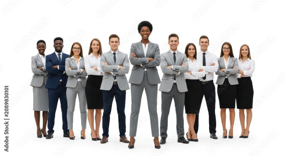 Obraz premium A diverse group of ten professionals, five men and five women, standing confidently in business attire with arms crossed, showcasing a mix of ethnicities and styles.